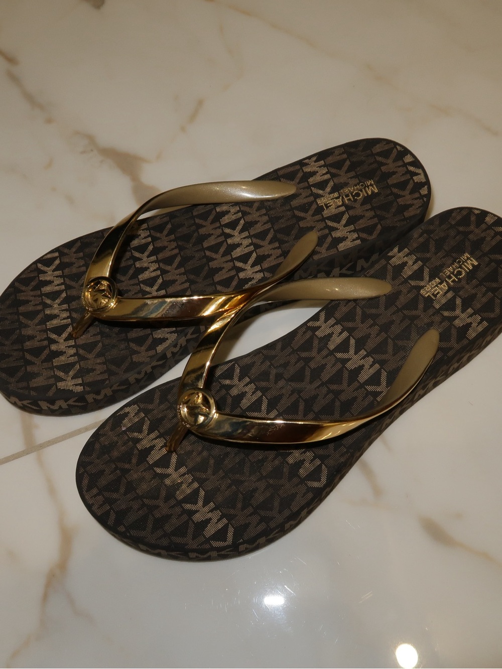Michael Kors Brown and Gold Logo Flip Flop Wedged Sandals